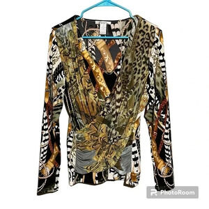 Elysee 26 Women's Artsy Layered Top Faux Wrap Western Animal Print Tiger Size M